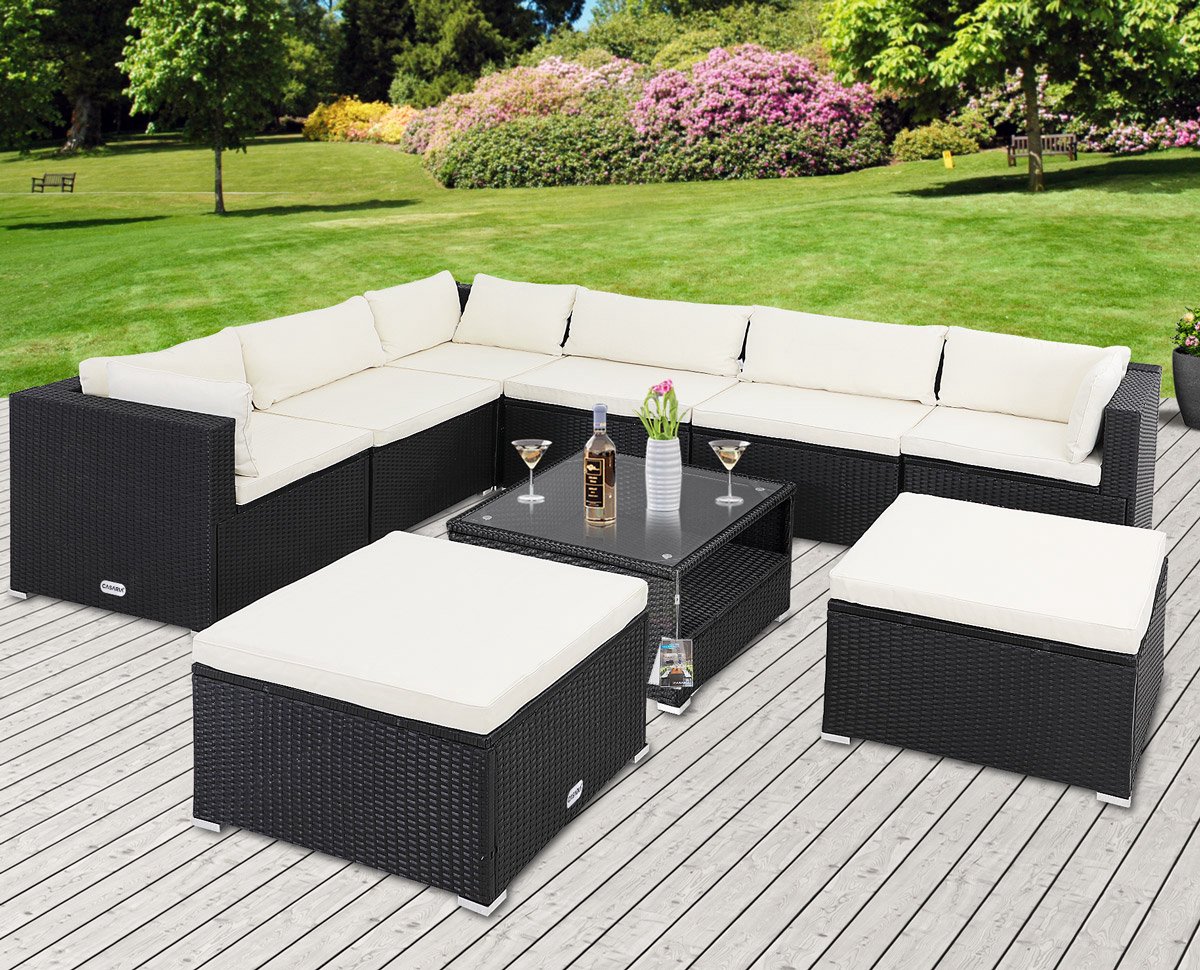 Casaria Polyrattan Loungeset XXL – Kussens & Tafel Glas - Zwart Crème thumbnail 4