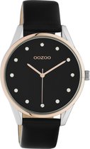 OOZOO Timepieces - Zilveren/Rosé gouden horloge met zwarte leren band - C10954 - Ø40