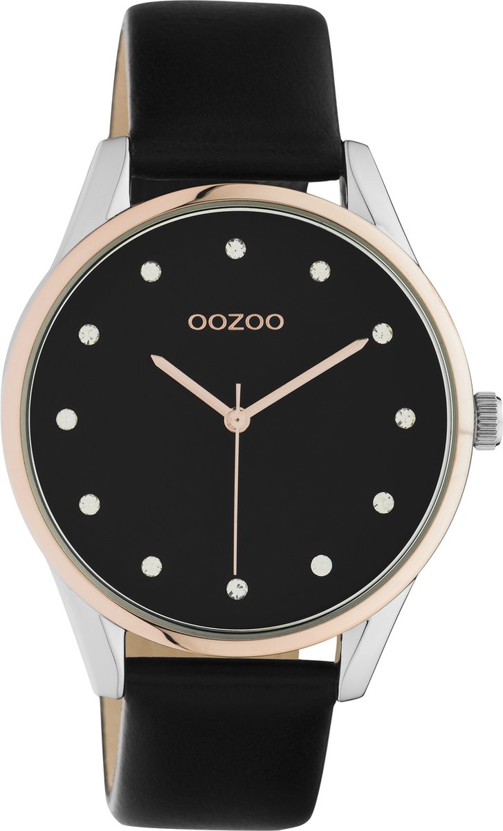 OOZOO Timepieces - zilverkleurige/rosé goudkleurige horloge met zwarte leren band - C10954 - Ø40