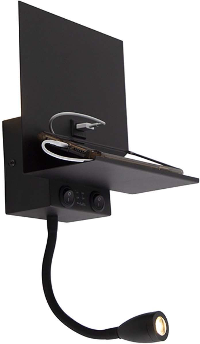 Qazqa moderne wandlamp met leesarm - Flero - zwart, rechthoekig, max. 40W, geschikt voor led, 2-lichts, 45cm, ideaal als slaapkamer lamp