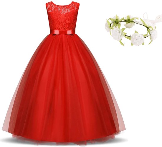 Robe de communion robe de demoiselle d'honneur robe de mariée rouge 164-170 (170) robe de princesse robe de soirée + guirlande de fleurs gratuite
