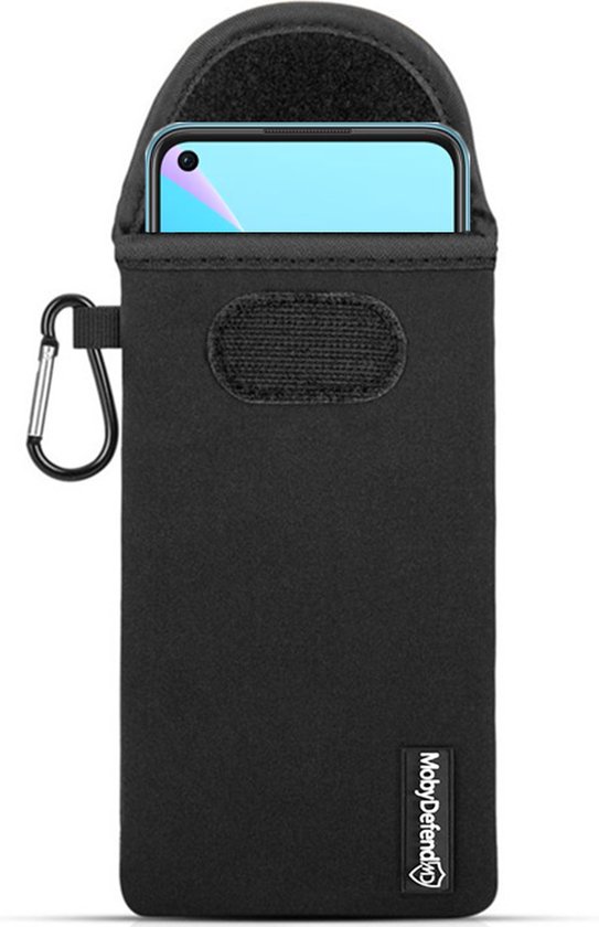Coque pour Oppo A76 / Oppo A96 - Pochette en néoprène MobyDefend avec mousqueton - Insert Case - Boucle de ceinture - Zwart - Coque pour téléphone portable - Coque pour téléphone Convient pour : Oppo A76 / Oppo A96