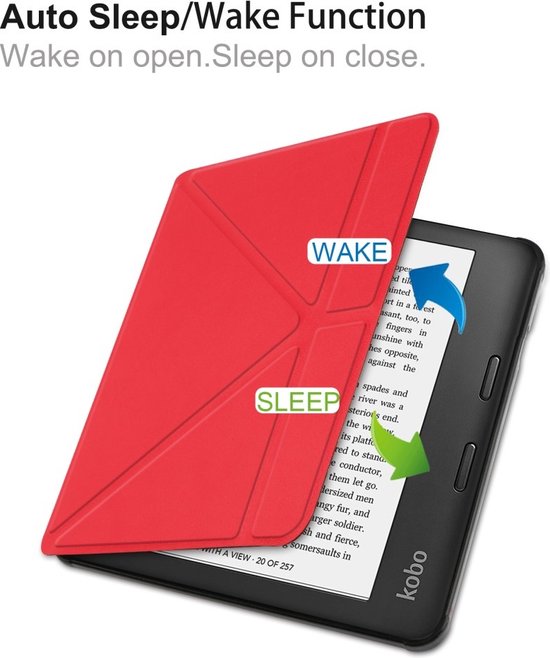Lunso - Origami sleepcover hoes - Geschikt voor Kobo Libra 2 (7 inch) - Rood van Lunso — afbeelding 5