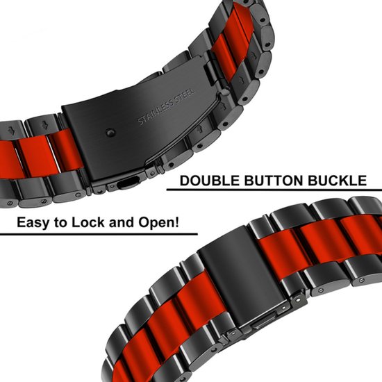 Strap-it Steel link strap 20mm - Bracelet en acier inoxydable adapté pour Samsung Galaxy Watch 42mm / Galaxy Watch 3 41mm / Galaxy Watch Active & Active2 40 & 44mm - Amazfit GTS / Bip - Polar Ignite / Unite - Zwart/ rouge