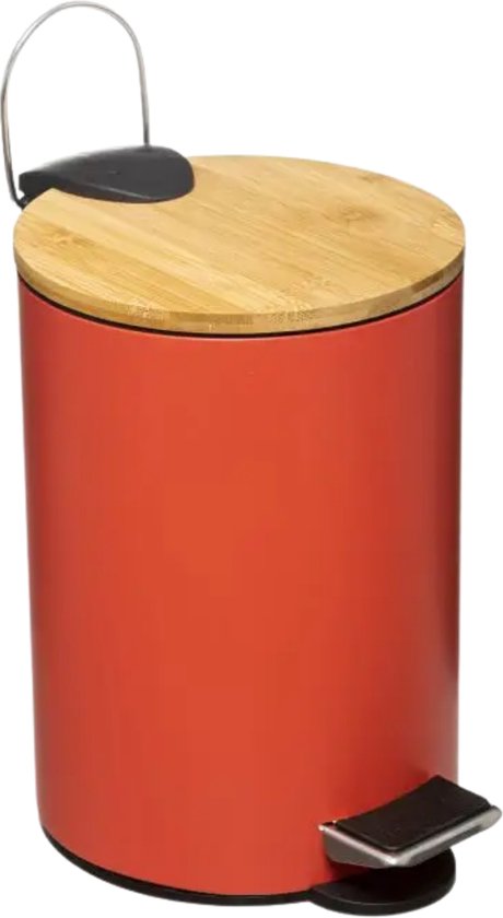 Orange85 Pedaalemmer - Prullenbak - Rood - 3 Liter - Bamboe en metaal