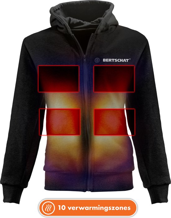 Zwarte hoodie met 10 verwarmingszones, aangegeven met rode rechthoeken.