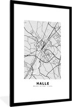 Fotolijst incl. Poster Zwart Wit- België – Halle – Stadskaart – Kaart – Zwart Wit – Plattegrond - 60x90 cm - Posterlijst