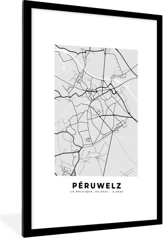 Fotolijst incl. Poster Zwart Wit Stadskaart Plattegrond België