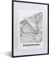 Fotolijst incl. Poster Zwart Wit- België – Nieuwpoort – Stadskaart – Kaart – Zwart Wit – Plattegrond - 30x40 cm - Posterlijst