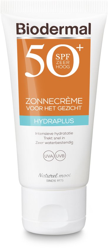 Biodermal Zonnegem voor het gezicht, SPF 50, Hydreplus, Intensieve hydratatie, Trekt snel in, Zeer waterbestendig. UVA/UVB.