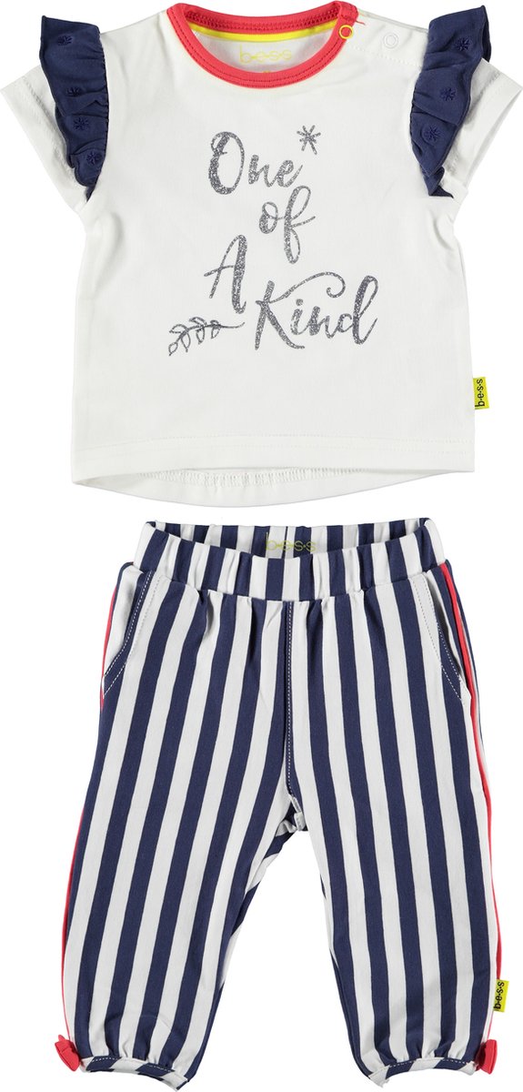 BESS - kledingset - 2delig - Broekje met blauw wit gestreept - Shirt wit met roesjes - Maat 62