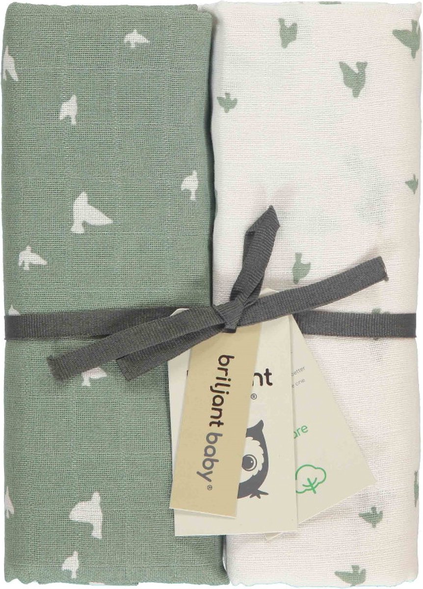 Goedkoopste Briljant Baby Hydrofiel Multidoek XL Birds - Swaddle - Inbakerdoek - Groen - 120x120 - 2 Stuks - Organic