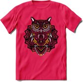Uil - Dieren Mandala T-Shirt | Geel | Grappig Verjaardag Zentangle Dierenkop Cadeau Shirt | Dames - Heren - Unisex | Wildlife Tshirt Kleding Kado | - Roze - XXL