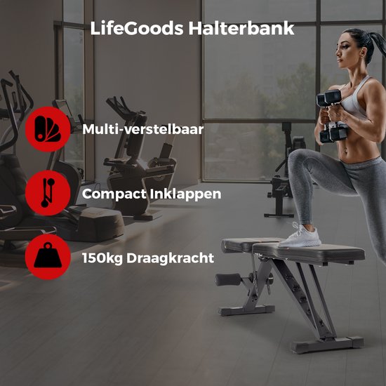 LifeGoods Fitness Halterbank - Verstelbaar - Inklapbaar - Zwart/Rood