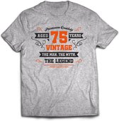 75 Jaar Legend - Feest kado T-Shirt Heren / Dames - Antraciet Grijs / Oranje - Perfect Verjaardag Cadeau Shirt - grappige Spreuken, Zinnen en Teksten. Maat L