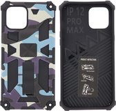 Hoesje Geschikt voor iPhone 12 Pro Max Hoesje - Rugged Extreme Backcover Camouflage met Kickstand - Paars