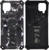 Hoesje Geschikt Voor Samsung Galaxy A12 (5G) Hoesje - Rugged Extreme Backcover Marmer Camouflage met Kickstand – Zwart