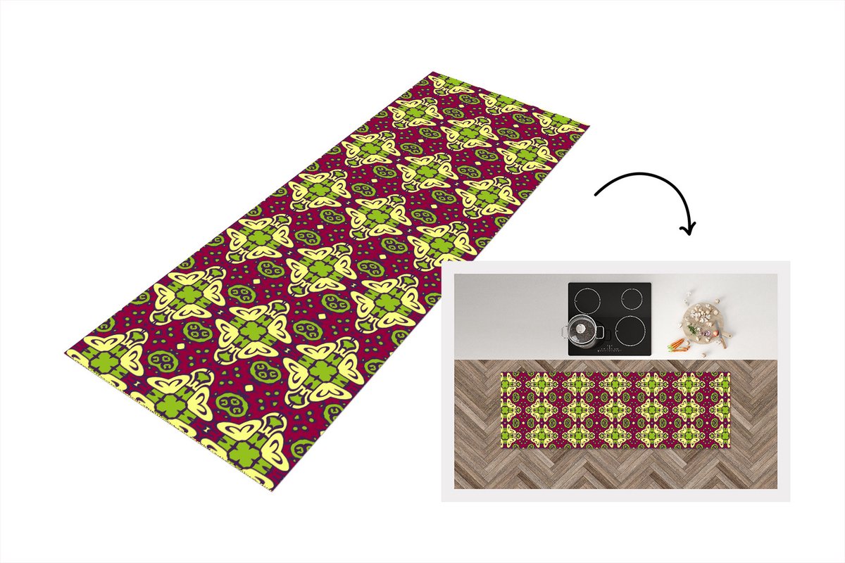 KitchenYeah Keukenloper - Loper keuken - Patroon - Versiering - Groen - 150x50 cm - Keukenloper vinyl Multicolor