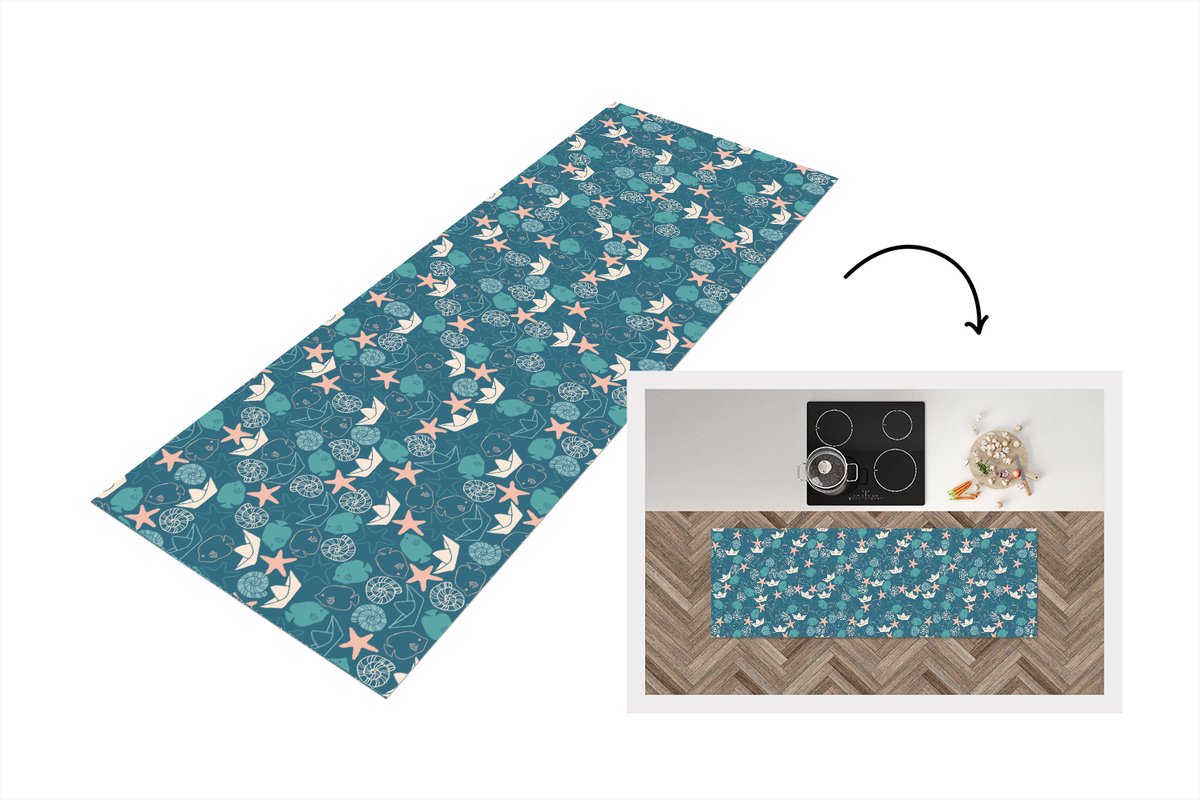 KitchenYeah Keukenloper - Loper keuken - Patronen - Strand - Zee - 180x60 cm - Keukenloper vinyl Multicolor