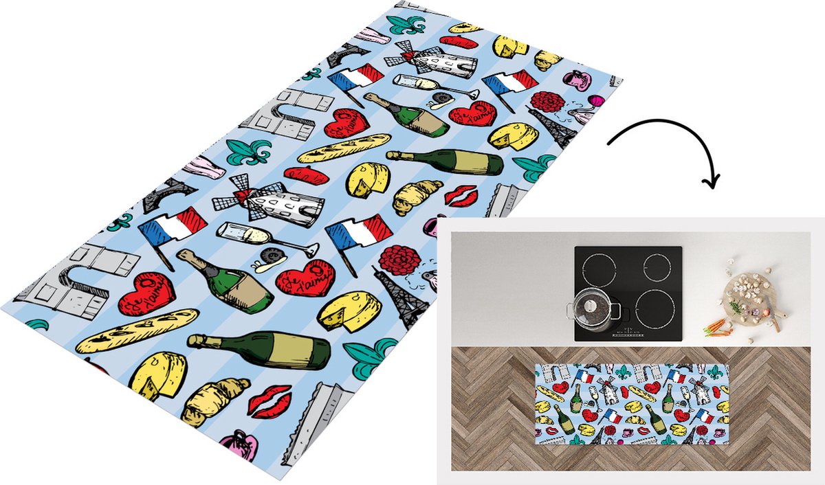 KitchenYeah Keukenloper - Loper keuken - Parijs - Patronen - Frankrijk - 120x50 cm - Keukenloper vinyl Multicolor