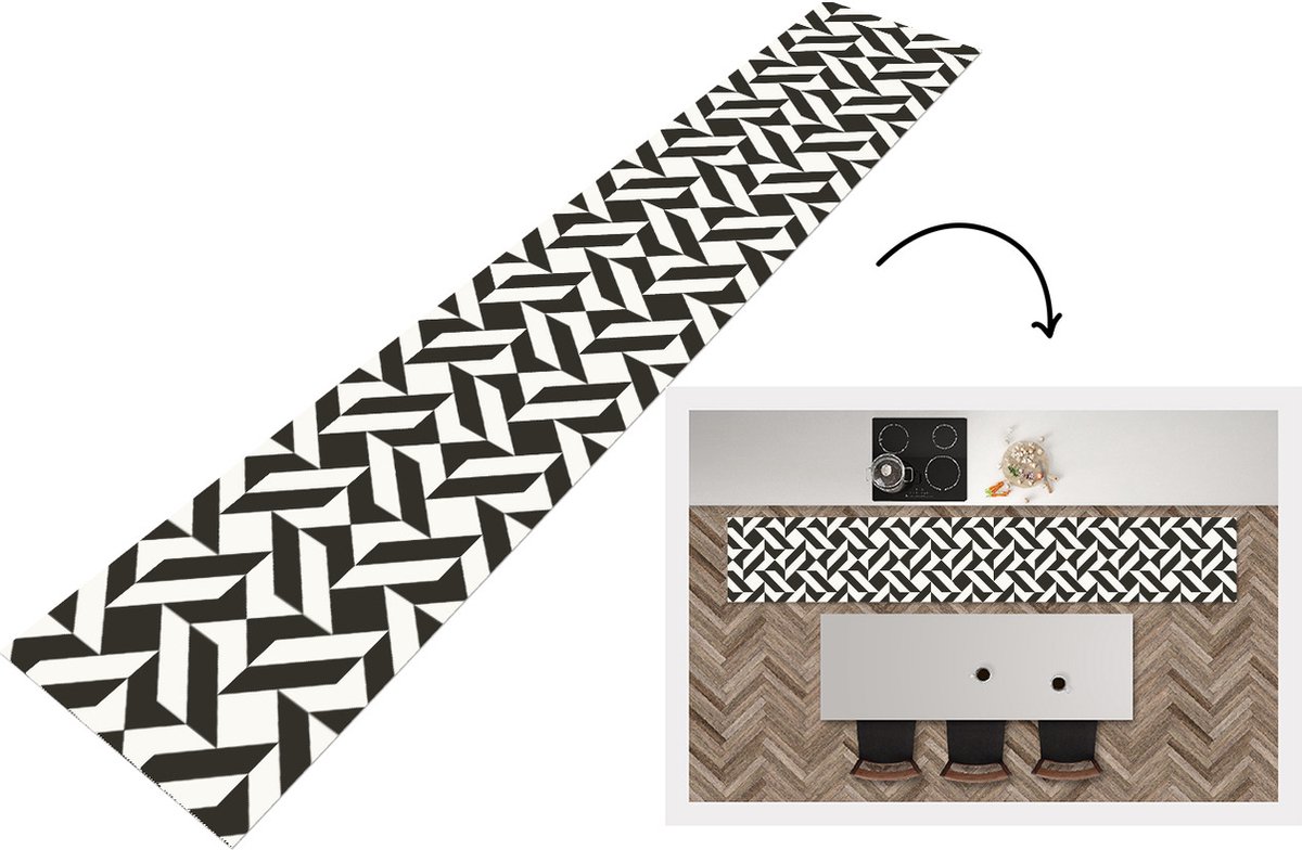 KitchenYeah Keukenloper - Loper keuken - Zwart - Wit - Geometrische vormen - Patronen - 300x50 cm - Keukenloper vinyl Multicolor