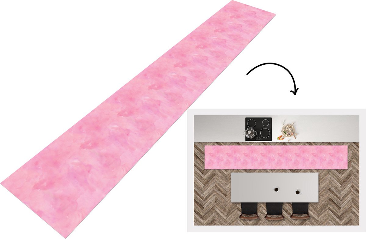 KitchenYeah Keukenloper - Loper keuken - Waterverf - Patronen - Roze - Verf - 300x50 cm - Keukenloper vinyl Multicolor