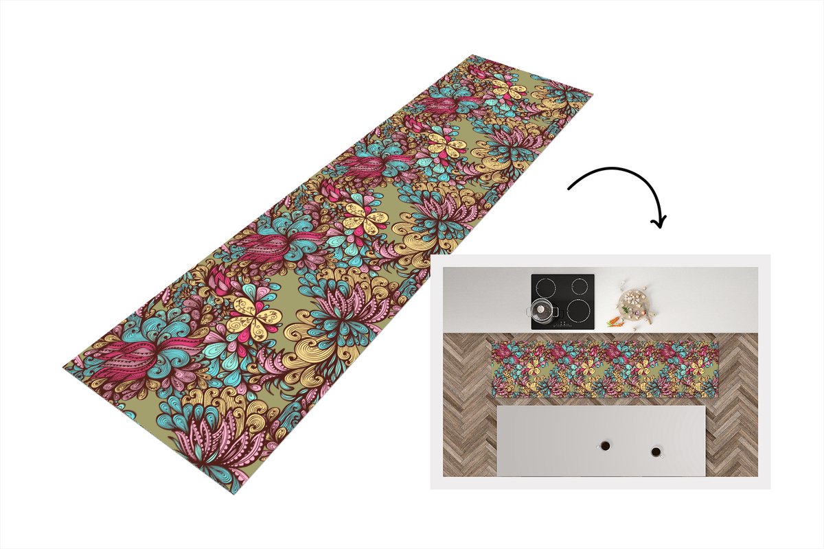 KitchenYeah Keukenloper - Loper keuken - Patroon - Bladeren - Abstract - 200x50 cm - Keukenloper vinyl Multicolor