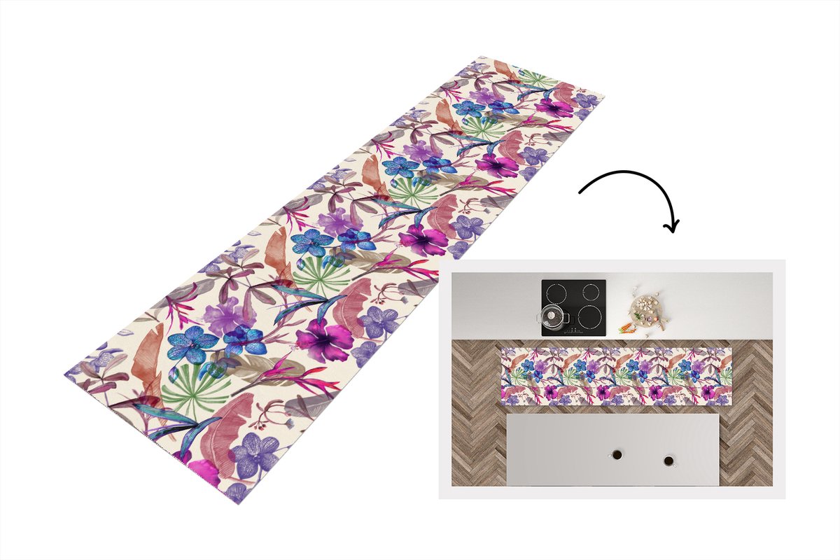KitchenYeah Keukenloper - Loper keuken - Bloemen - Regenboog - Jungle - Patroon - Vintage - 240x60 cm - Keukenloper vinyl Multicolor