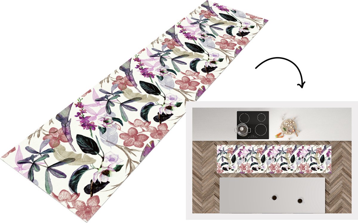 KitchenYeah Keukenloper - Loper keuken - Jungle - Bloemen - Vintage - Patronen - 240x60 cm - Keukenloper vinyl Multicolor