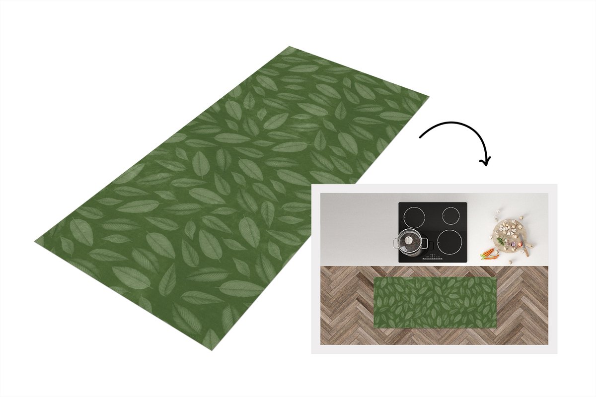 KitchenYeah Keukenloper - Loper keuken - Patroon - Bladeren - Groen - 120x50 cm - Keukenloper vinyl Multicolor