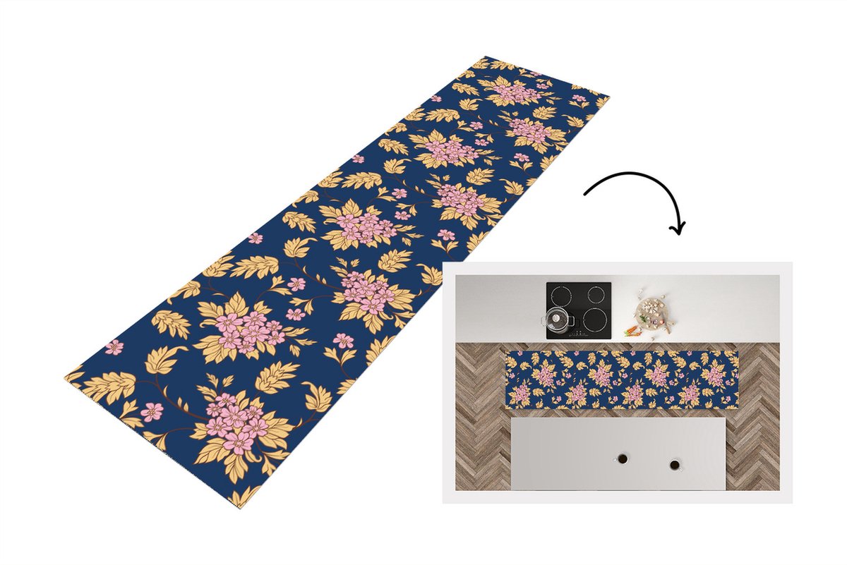 KitchenYeah Keukenloper - Loper keuken - Bloesem - Bladeren - Roze - Goud - Patronen - 240x60 cm - Keukenloper vinyl Multicolor