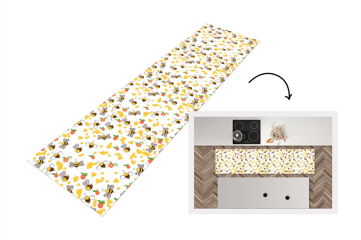 KitchenYeah Keukenloper - Loper keuken - Honing - Bij - Bloemen - Patronen - Lente - 200x50 cm - Keukenloper vinyl Multicolor