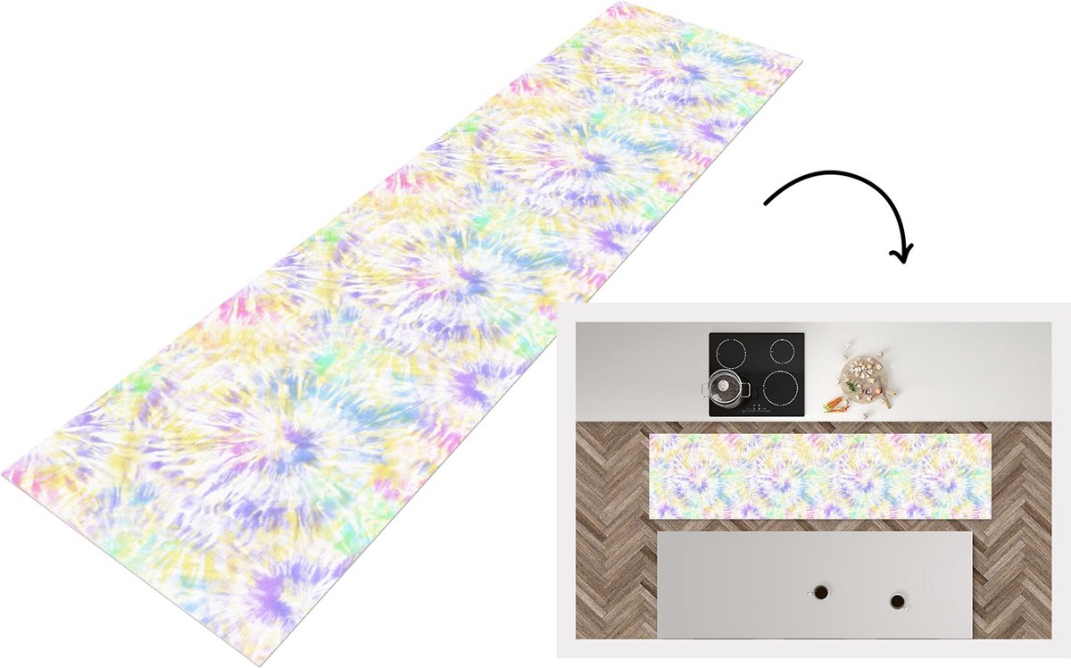 KitchenYeah Keukenloper - Loper keuken - Zomer - Patronen - Regenboog - Tie dye - 200x50 cm - Keukenloper vinyl Multicolor