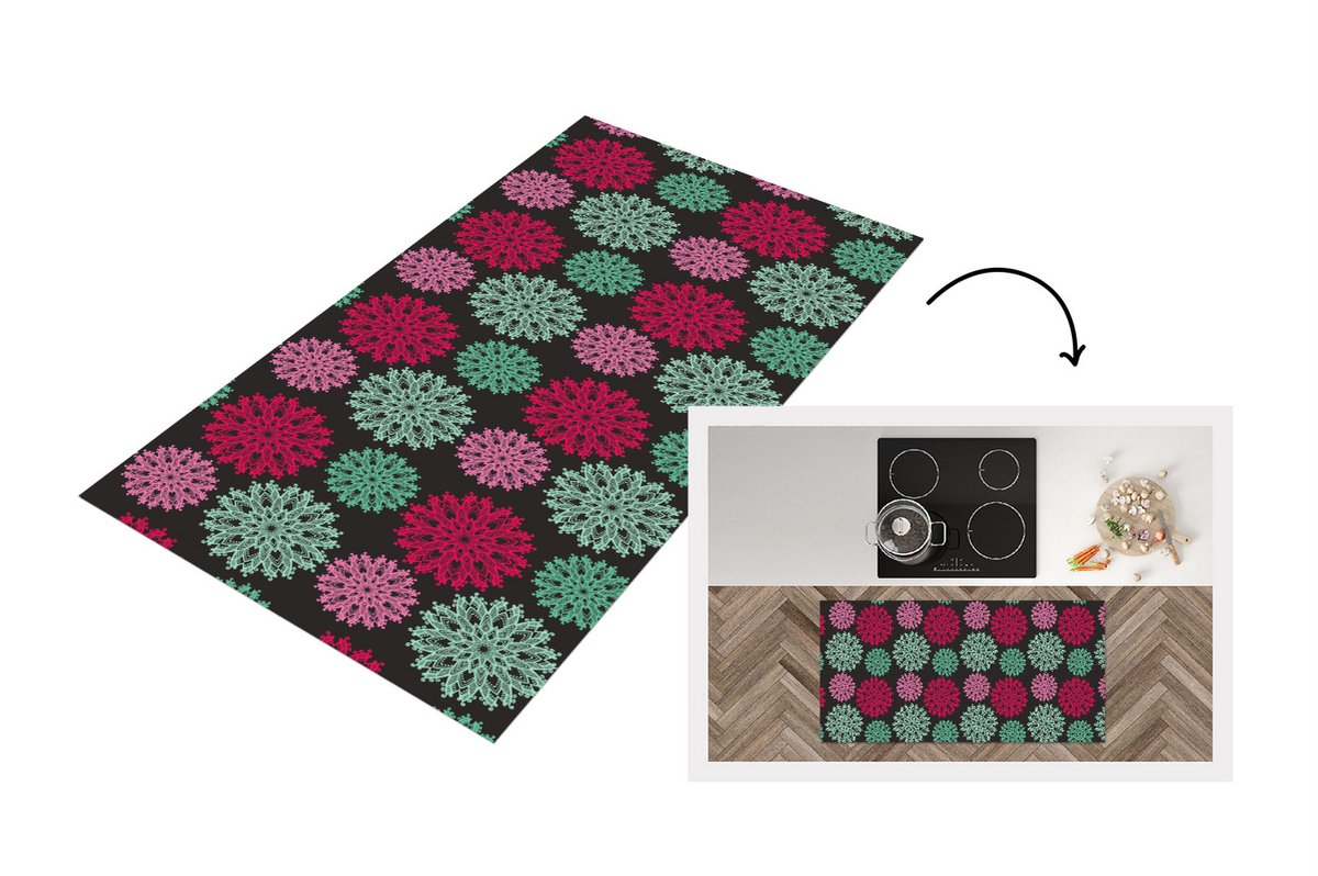 KitchenYeah Keukenloper - Loper keuken - Bloemen - Vintage - Roze - Turquoise - Patronen - 120x60 cm - Keukenloper vinyl Multicolor