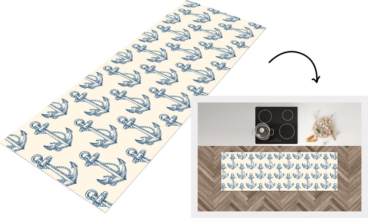 KitchenYeah Keukenloper - Loper keuken - Vintage - Anker - Strand - Zee - Patronen - 180x60 cm - Keukenloper vinyl Multicolor