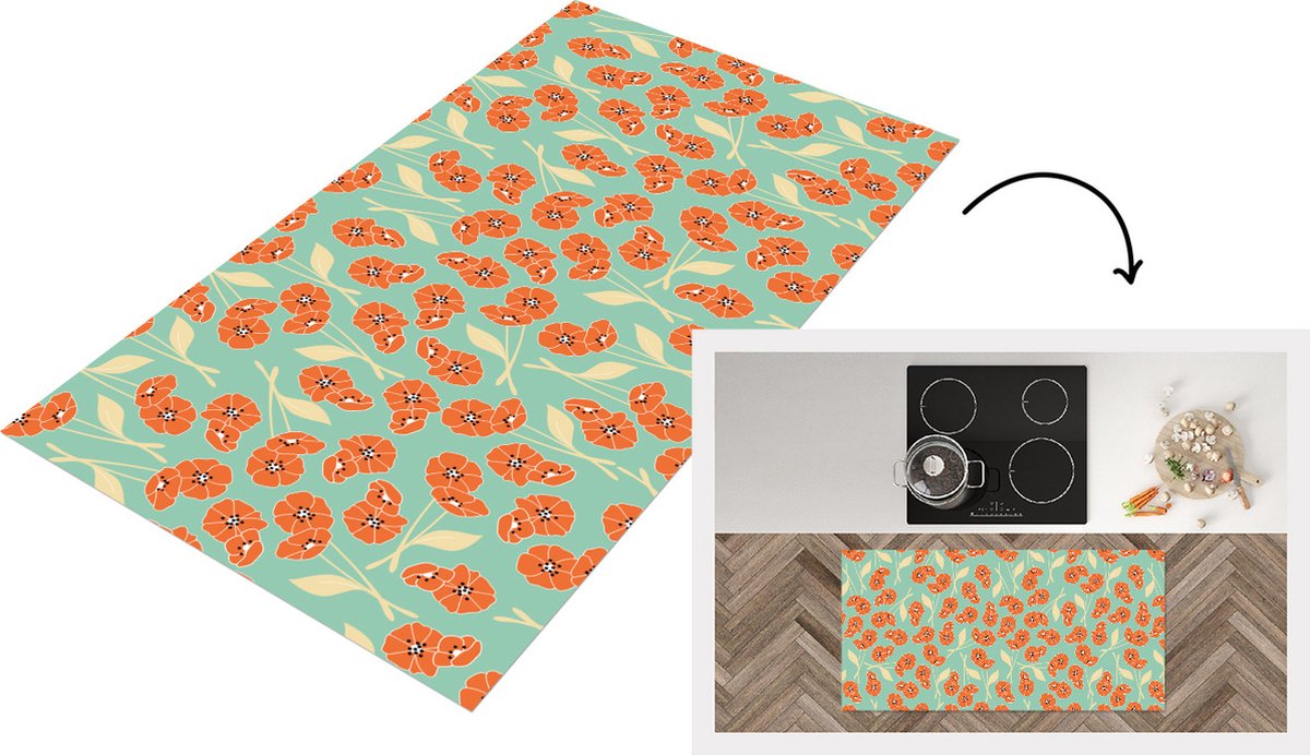 KitchenYeah Keukenloper - Loper keuken - Retro - Bloemen - Design - Oranje - Keukenloper vinyl, foto 3