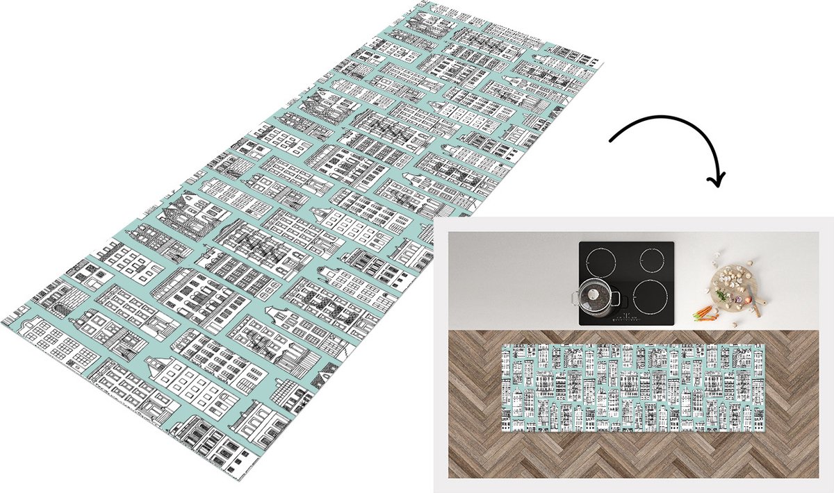 KitchenYeah Keukenloper - Loper keuken - Patronen - Huizen - Scandinavisch - 150x50 cm - Keukenloper vinyl Multicolor