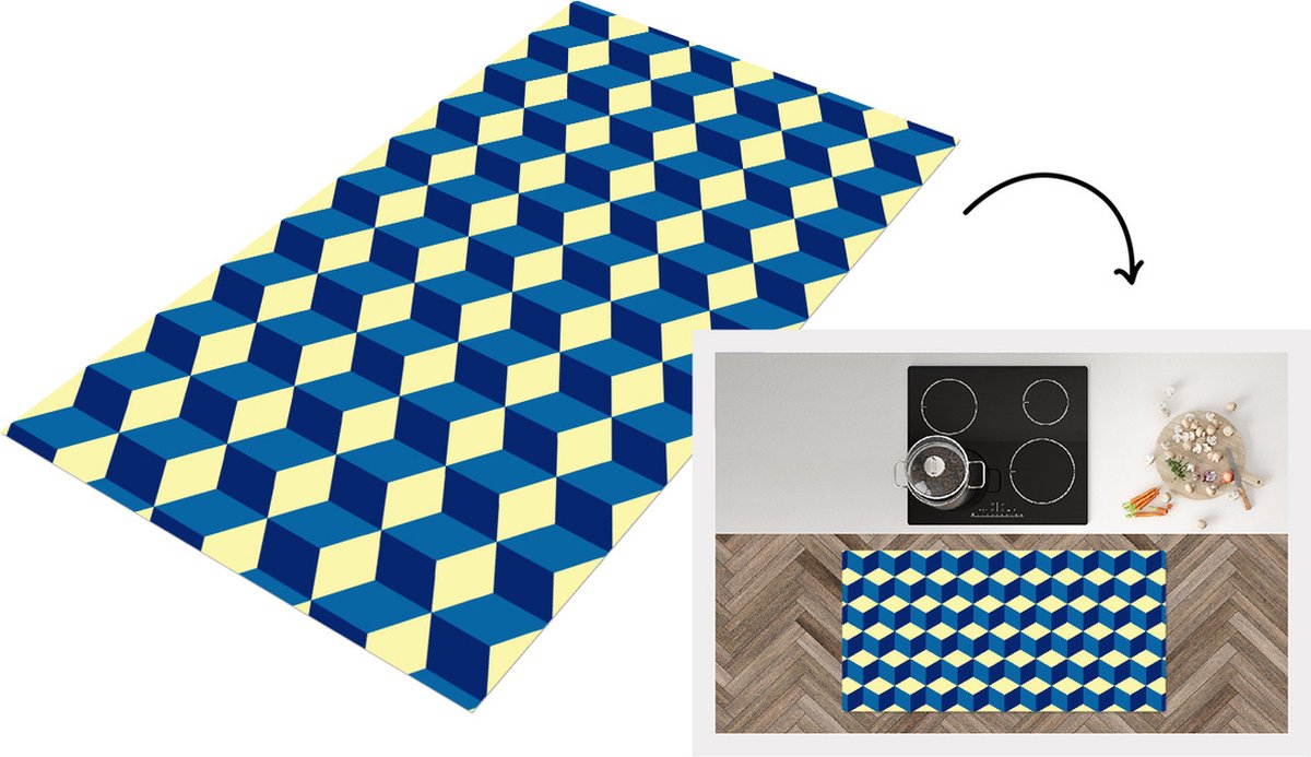 KitchenYeah Keukenloper - Loper keuken - Cube - Kubus - Patronen - 120x60 cm - Keukenloper vinyl Multicolor