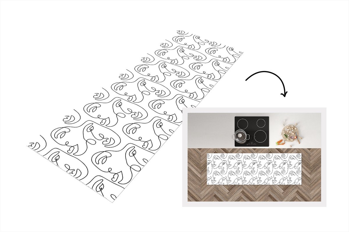KitchenYeah Keukenloper - Loper keuken - Line Art - Patronen - Zwart Wit - 150x50 cm - Keukenloper vinyl Zwart; Wit