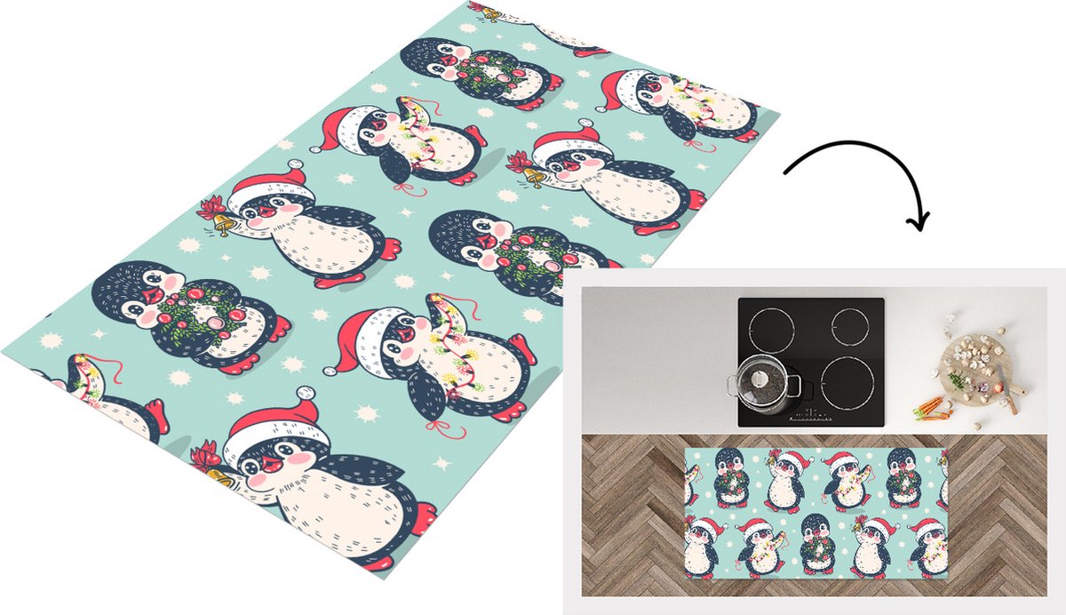 KitchenYeah Keukenloper - Loper keuken - Pinguïn - Lichtsnoer - Kerstkrans - Patronen - 120x60 cm - Keukenloper vinyl Multicolor