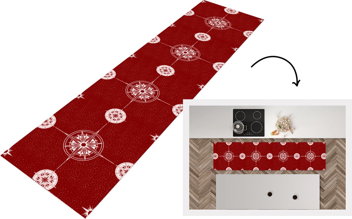 KitchenYeah Keukenloper - Loper keuken - Kompas - Reizen - Patronen - 200x50 cm - Keukenloper vinyl Multicolor