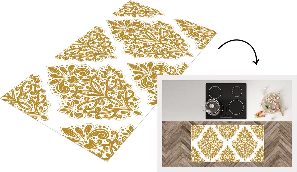 KitchenYeah Keukenloper - Loper keuken - Vintage - Bloemen - Goud - Patronen - 120x60 cm - Keukenloper vinyl Multicolor