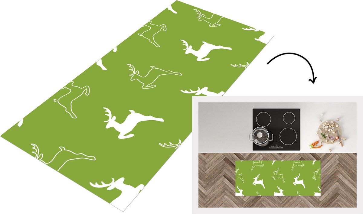 KitchenYeah Keukenloper - Loper keuken - Hert - Groen - Patronen - 120x50 cm - Keukenloper vinyl Multicolor
