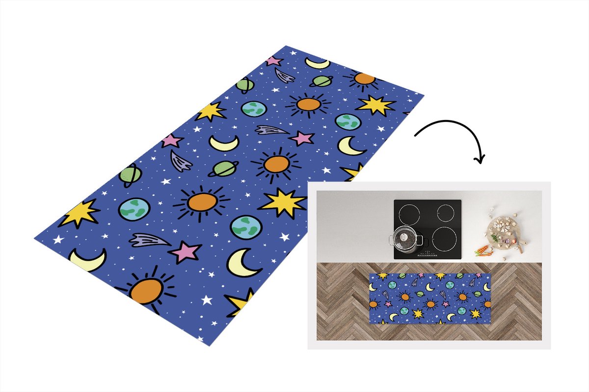 KitchenYeah Keukenloper - Loper keuken - Planeten - Sterren - Design - 120x50 cm - Keukenloper vinyl Multicolor