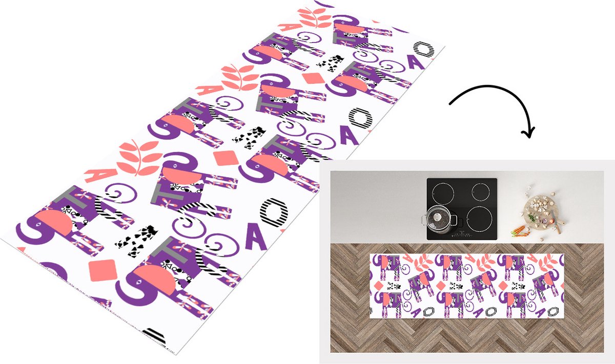 KitchenYeah Keukenloper - Loper keuken - Olifanten - Bladeren - Paars - Patroon - 150x50 cm - Keukenloper vinyl Multicolor