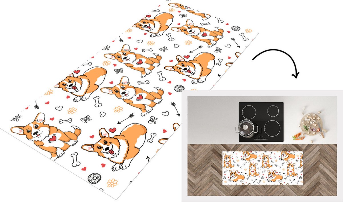 KitchenYeah Keukenloper - Loper keuken - Hond - Corgi - Patronen - 120x50 cm - Keukenloper vinyl Multicolor