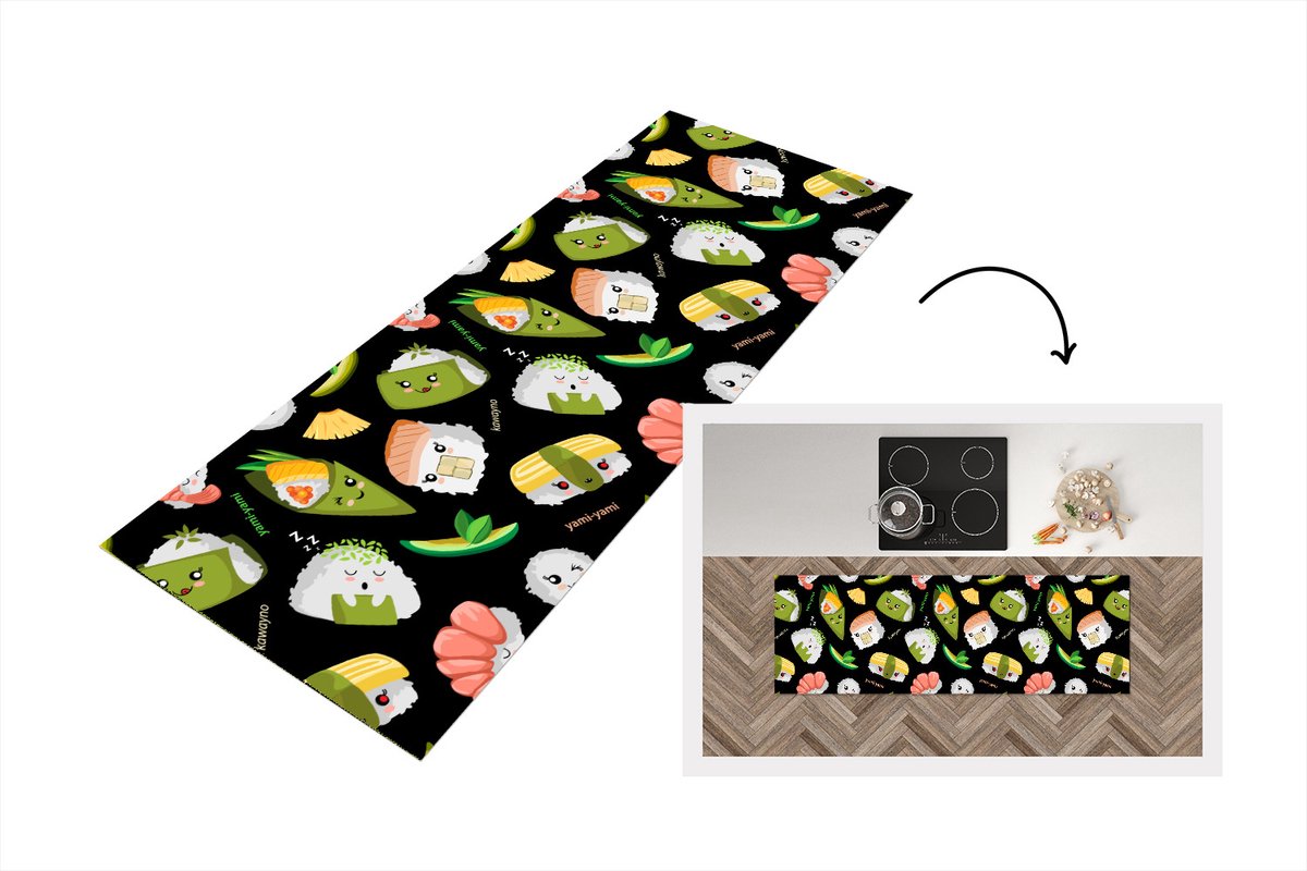 KitchenYeah Keukenloper - Loper keuken - Kawaii - Sushi - Patronen - 180x60 cm - Keukenloper vinyl Multicolor