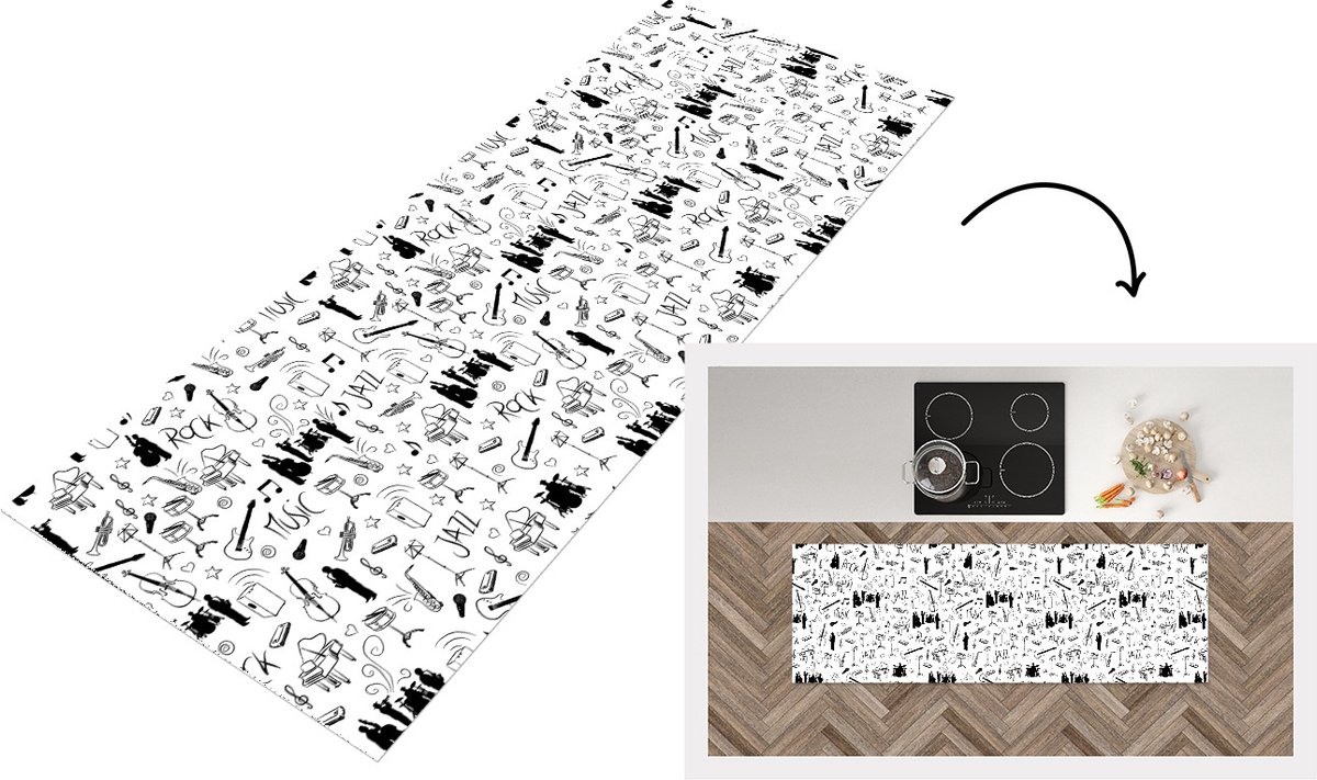 KitchenYeah Keukenloper - Loper keuken - Muziek - Patronen - Zwart Wit - 180x60 cm - Keukenloper vinyl Zwart; Wit