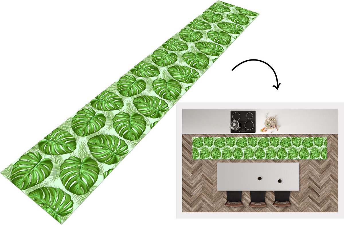 KitchenYeah Keukenloper - Loper keuken - Monstera - Palmblad - Patronen - 300x50 cm - Keukenloper vinyl Multicolor