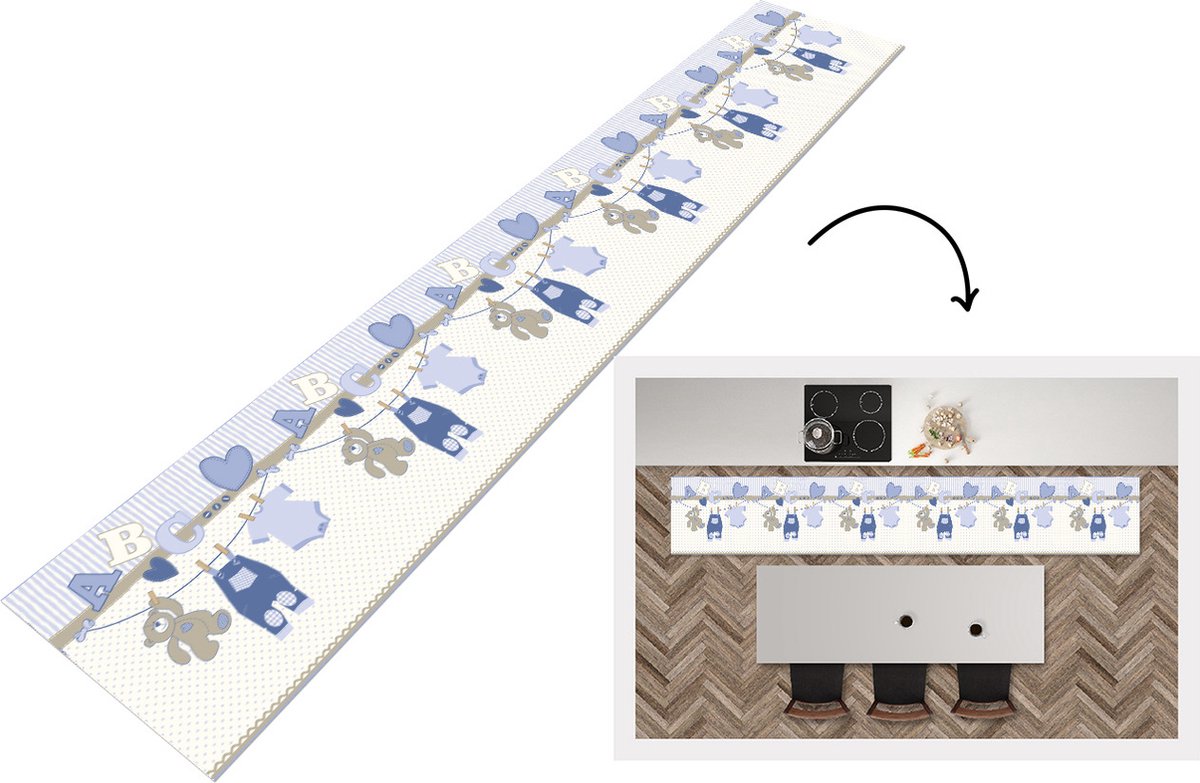 KitchenYeah Keukenloper - Loper keuken - Baby kleren - Waslijn - Teddybeer - Patroon - 300x50 cm - Keukenloper vinyl Multicolor